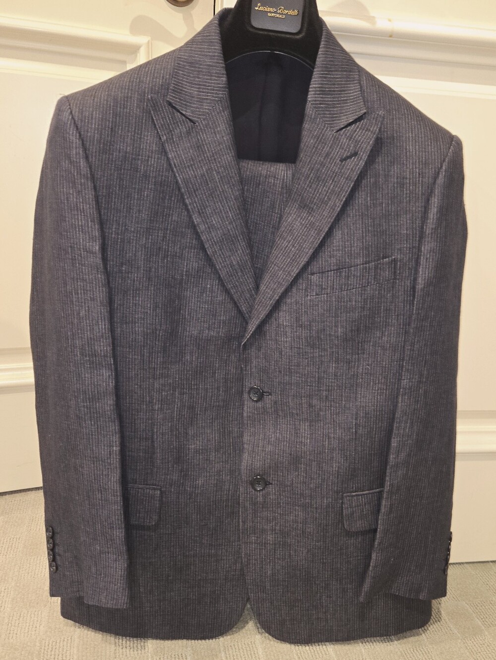 GIORGIO VALENTINI Linen Suit Blazer Pants Striped Navy Blue Sz 40R ITALY 🇮🇹